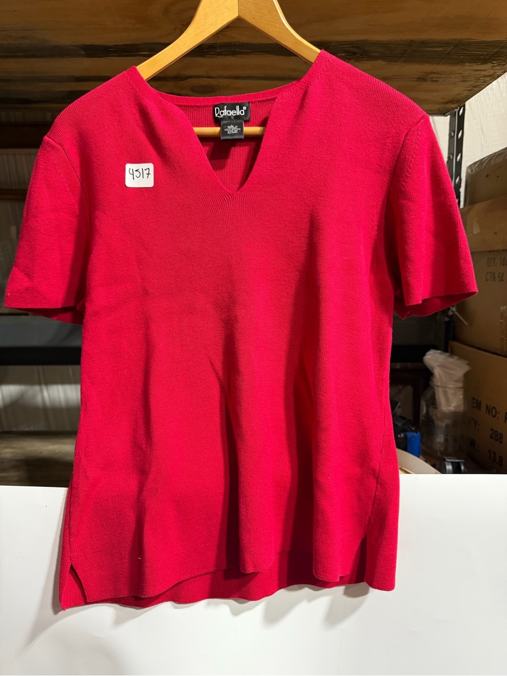 #4517-Rafaella Bright Red Short Sleeve V-Neck Knit Top